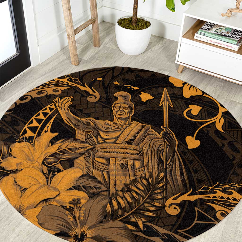 Hawaii King Kamehameha Day Round Carpet Polynesian Pattern Mix Hibiscus Gold