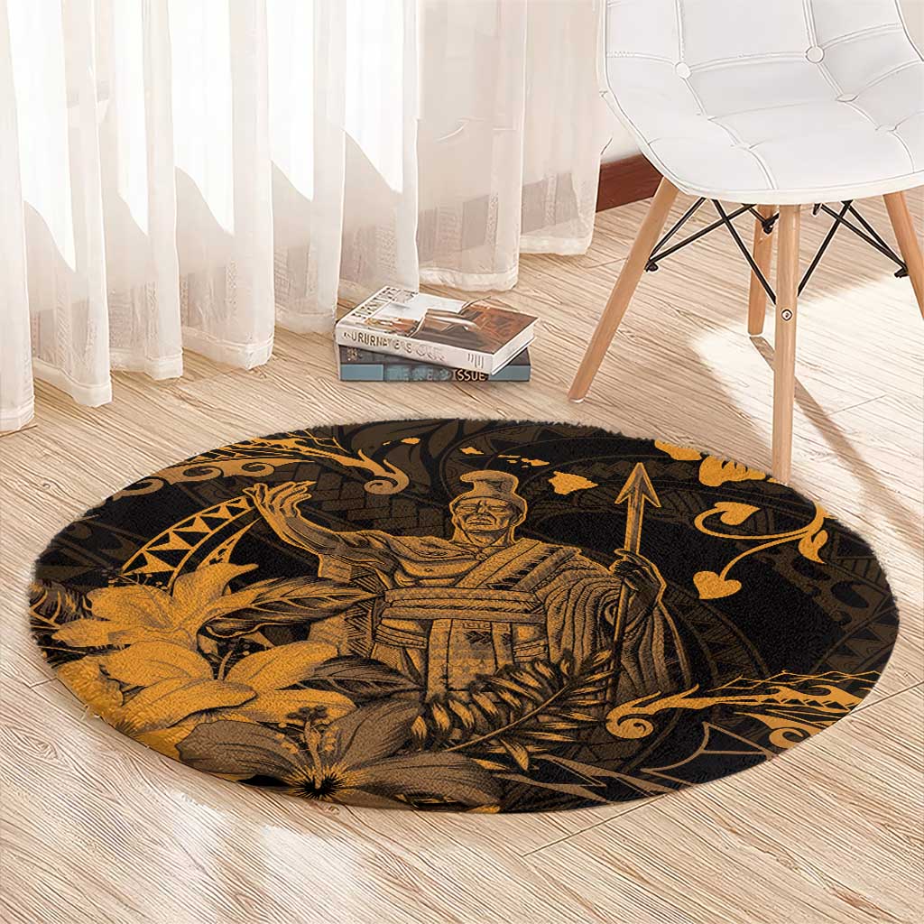Hawaii King Kamehameha Day Round Carpet Polynesian Pattern Mix Hibiscus Gold