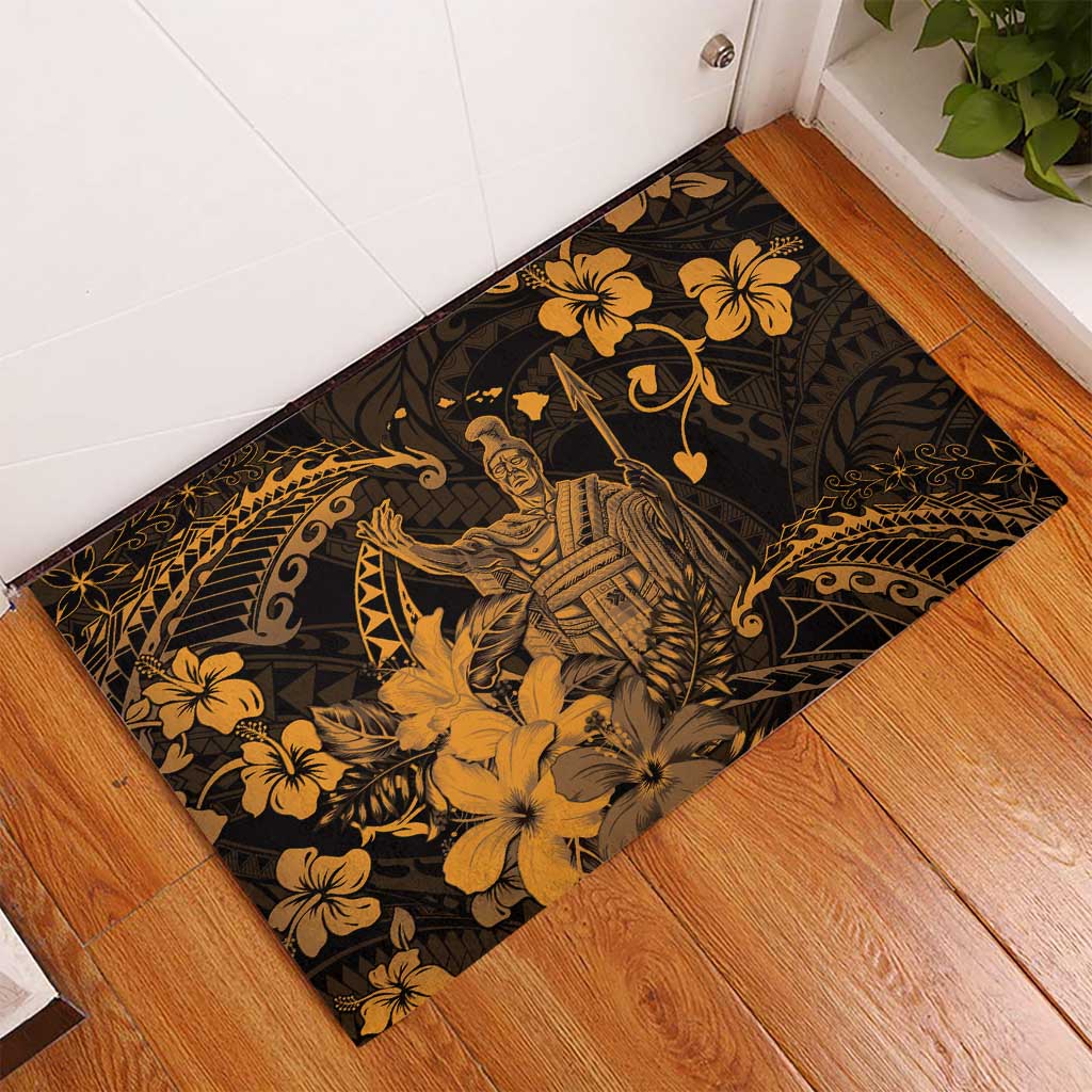 Hawaii King Kamehameha Day Rubber Doormat Polynesian Pattern Mix Hibiscus Gold