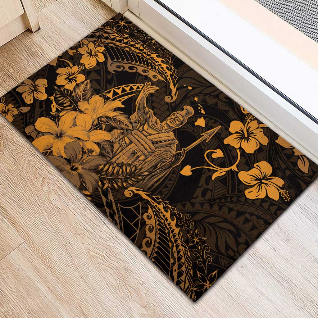 Hawaii King Kamehameha Day Rubber Doormat Polynesian Pattern Mix Hibiscus Gold