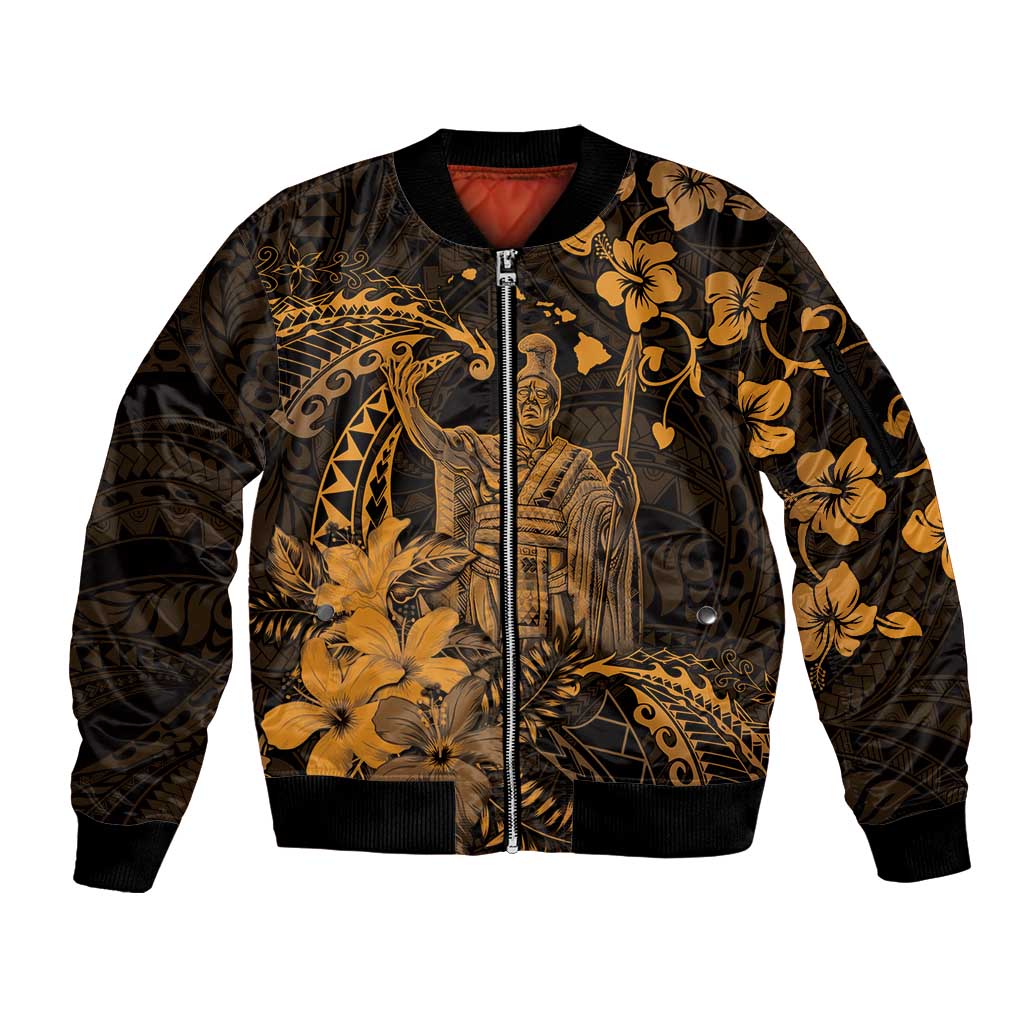 Hawaii King Kamehameha Day Sleeve Zip Bomber Jacket Polynesian Pattern Mix Hibiscus Gold