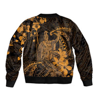 Hawaii King Kamehameha Day Sleeve Zip Bomber Jacket Polynesian Pattern Mix Hibiscus Gold