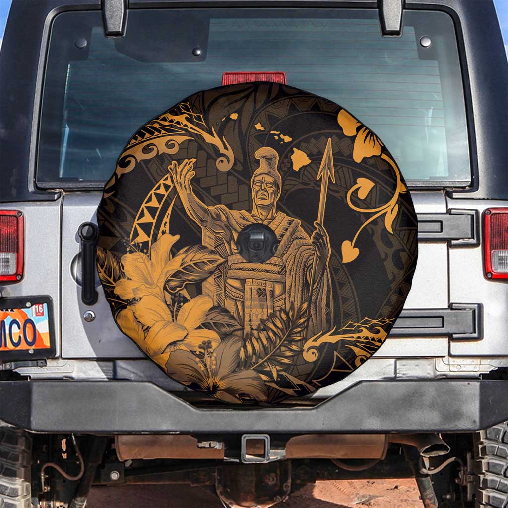 Hawaii King Kamehameha Day Spare Tire Cover Polynesian Pattern Mix Hibiscus Gold