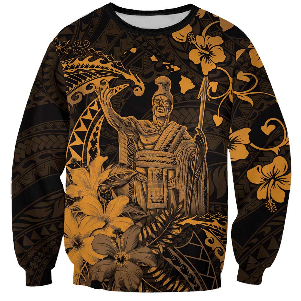 Hawaii King Kamehameha Day Sweatshirt Polynesian Pattern Mix Hibiscus Gold