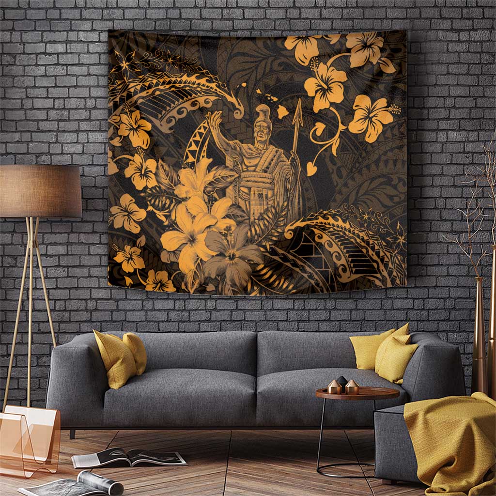 Hawaii King Kamehameha Day Tapestry Polynesian Pattern Mix Hibiscus Gold