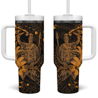 Hawaii King Kamehameha Day Tumbler With Handle Polynesian Pattern Mix Hibiscus Gold