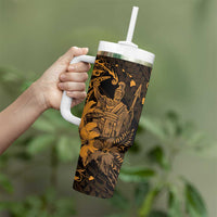 Hawaii King Kamehameha Day Tumbler With Handle Polynesian Pattern Mix Hibiscus Gold