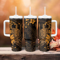 Hawaii King Kamehameha Day Tumbler With Handle Polynesian Pattern Mix Hibiscus Gold