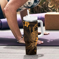 Hawaii King Kamehameha Day Tumbler With Handle Polynesian Pattern Mix Hibiscus Gold