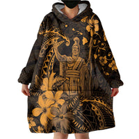 Hawaii King Kamehameha Day Wearable Blanket Hoodie Polynesian Pattern Mix Hibiscus Gold