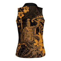 Hawaii King Kamehameha Day Women Sleeveless Polo Shirt Polynesian Pattern Mix Hibiscus Gold