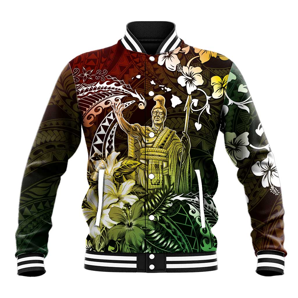 Hawaii King Kamehameha Day Baseball Jacket Polynesian Pattern Mix Hibiscus Reggae