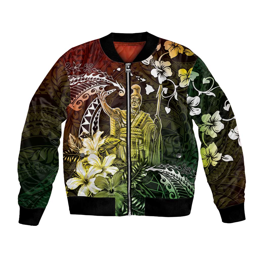 Hawaii King Kamehameha Day Bomber Jacket Polynesian Pattern Mix Hibiscus Reggae