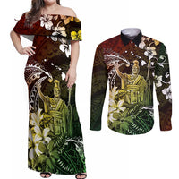Hawaii King Kamehameha Day Couples Matching Off Shoulder Maxi Dress and Long Sleeve Button Shirt Polynesian Pattern Mix Hibiscus Reggae