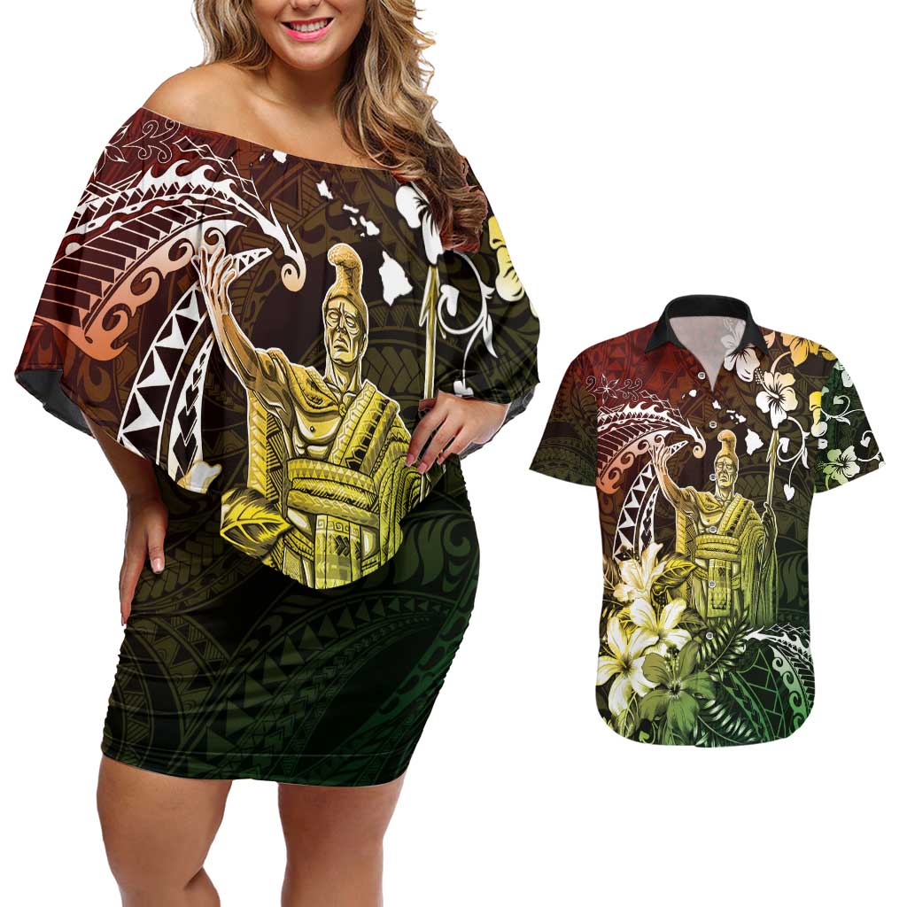 Hawaii King Kamehameha Day Couples Matching Off Shoulder Short Dress and Hawaiian Shirt Polynesian Pattern Mix Hibiscus Reggae