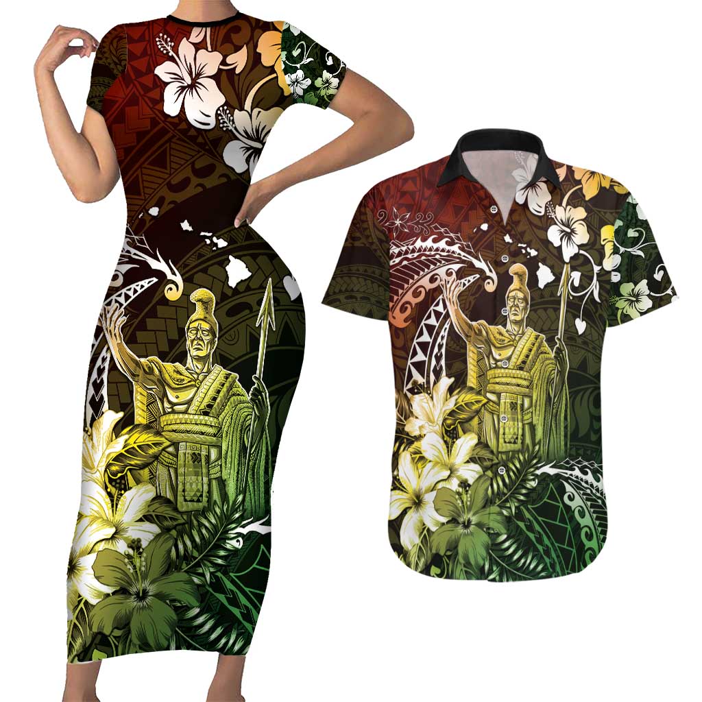 Hawaii King Kamehameha Day Couples Matching Short Sleeve Bodycon Dress and Hawaiian Shirt Polynesian Pattern Mix Hibiscus Reggae