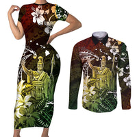 Hawaii King Kamehameha Day Couples Matching Short Sleeve Bodycon Dress and Long Sleeve Button Shirt Polynesian Pattern Mix Hibiscus Reggae