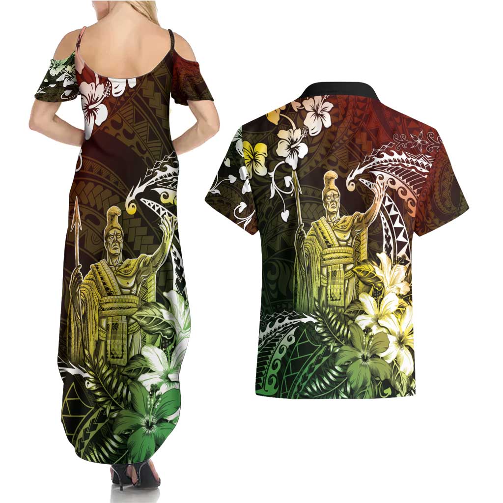 Hawaii King Kamehameha Day Couples Matching Summer Maxi Dress and Hawaiian Shirt Polynesian Pattern Mix Hibiscus Reggae