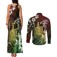 Hawaii King Kamehameha Day Couples Matching Tank Maxi Dress and Long Sleeve Button Shirt Polynesian Pattern Mix Hibiscus Reggae