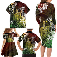 Hawaii King Kamehameha Day Family Matching Long Sleeve Bodycon Dress and Hawaiian Shirt Polynesian Pattern Mix Hibiscus Reggae