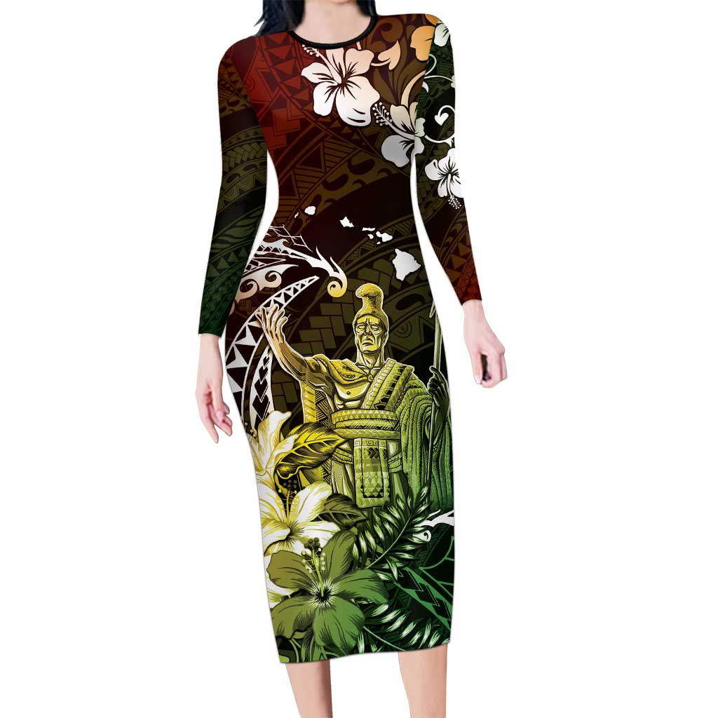 Hawaii King Kamehameha Day Family Matching Long Sleeve Bodycon Dress and Hawaiian Shirt Polynesian Pattern Mix Hibiscus Reggae