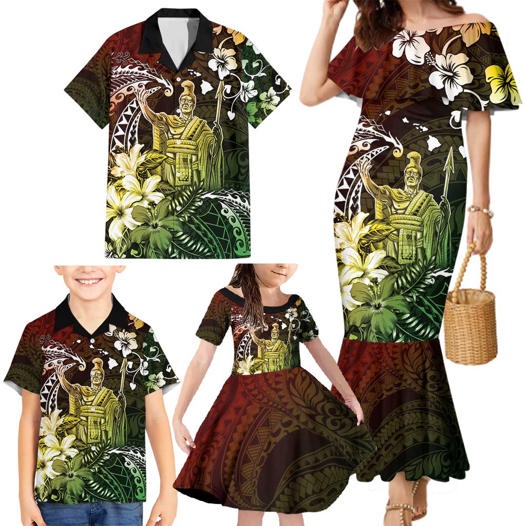 Hawaii King Kamehameha Day Family Matching Mermaid Dress and Hawaiian Shirt Polynesian Pattern Mix Hibiscus Reggae