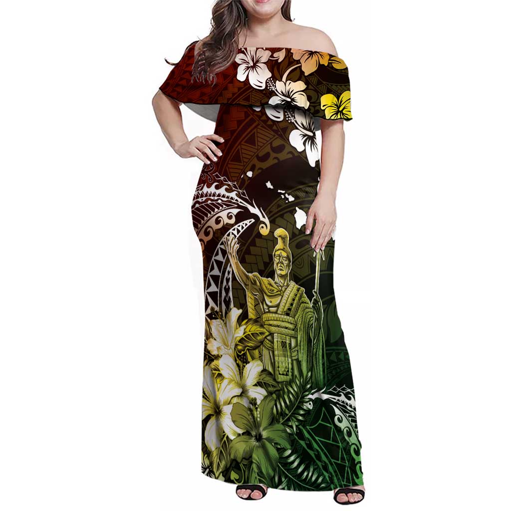 Hawaii King Kamehameha Day Family Matching Off Shoulder Maxi Dress and Hawaiian Shirt Polynesian Pattern Mix Hibiscus Reggae