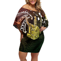 Hawaii King Kamehameha Day Family Matching Off Shoulder Short Dress and Hawaiian Shirt Polynesian Pattern Mix Hibiscus Reggae