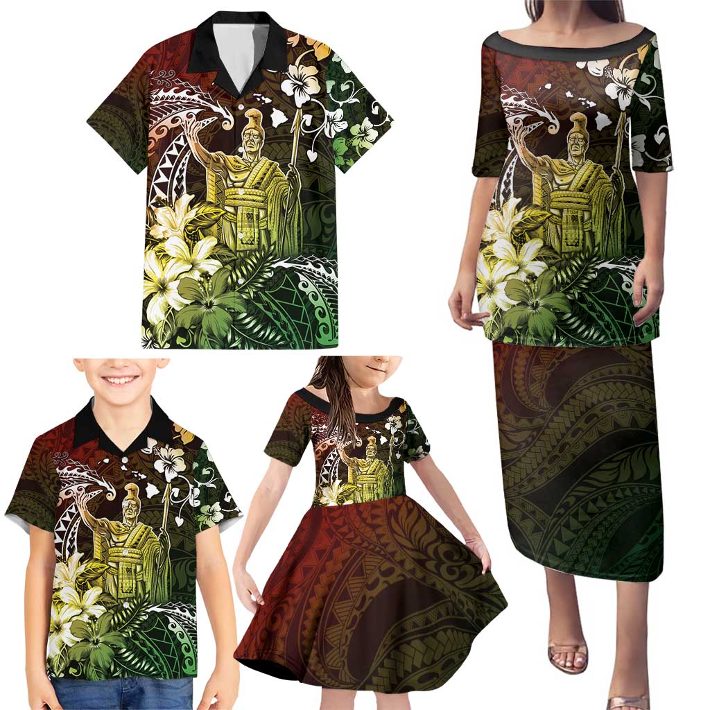 Hawaii King Kamehameha Day Family Matching Puletasi and Hawaiian Shirt Polynesian Pattern Mix Hibiscus Reggae