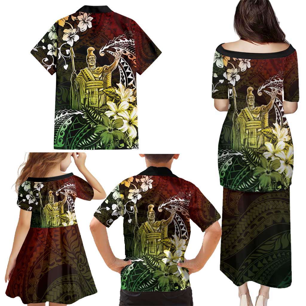 Hawaii King Kamehameha Day Family Matching Puletasi and Hawaiian Shirt Polynesian Pattern Mix Hibiscus Reggae