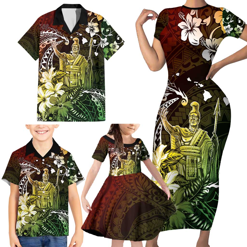 Hawaii King Kamehameha Day Family Matching Short Sleeve Bodycon Dress and Hawaiian Shirt Polynesian Pattern Mix Hibiscus Reggae
