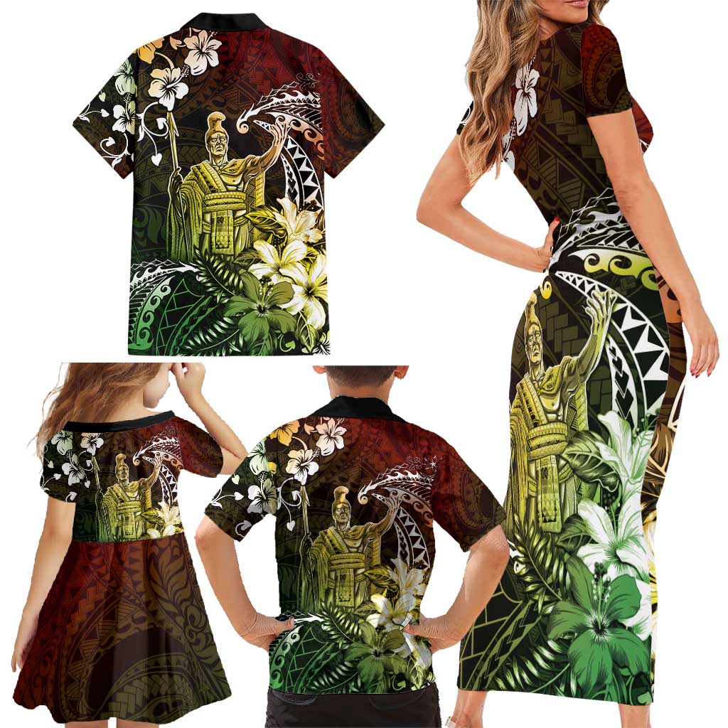 Hawaii King Kamehameha Day Family Matching Short Sleeve Bodycon Dress and Hawaiian Shirt Polynesian Pattern Mix Hibiscus Reggae