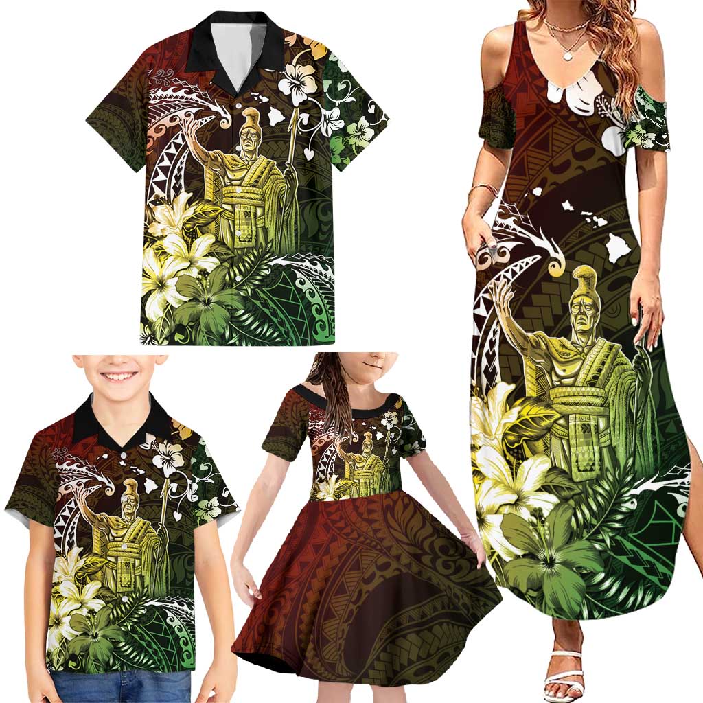 Hawaii King Kamehameha Day Family Matching Summer Maxi Dress and Hawaiian Shirt Polynesian Pattern Mix Hibiscus Reggae