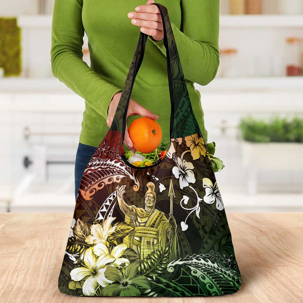 Hawaii King Kamehameha Day Grocery Bag Polynesian Pattern Mix Hibiscus Reggae