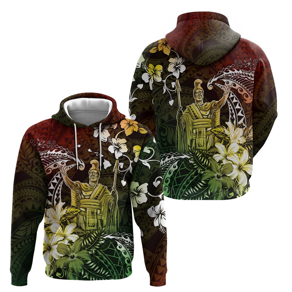 Hawaii King Kamehameha Day Hoodie Polynesian Pattern Mix Hibiscus Reggae