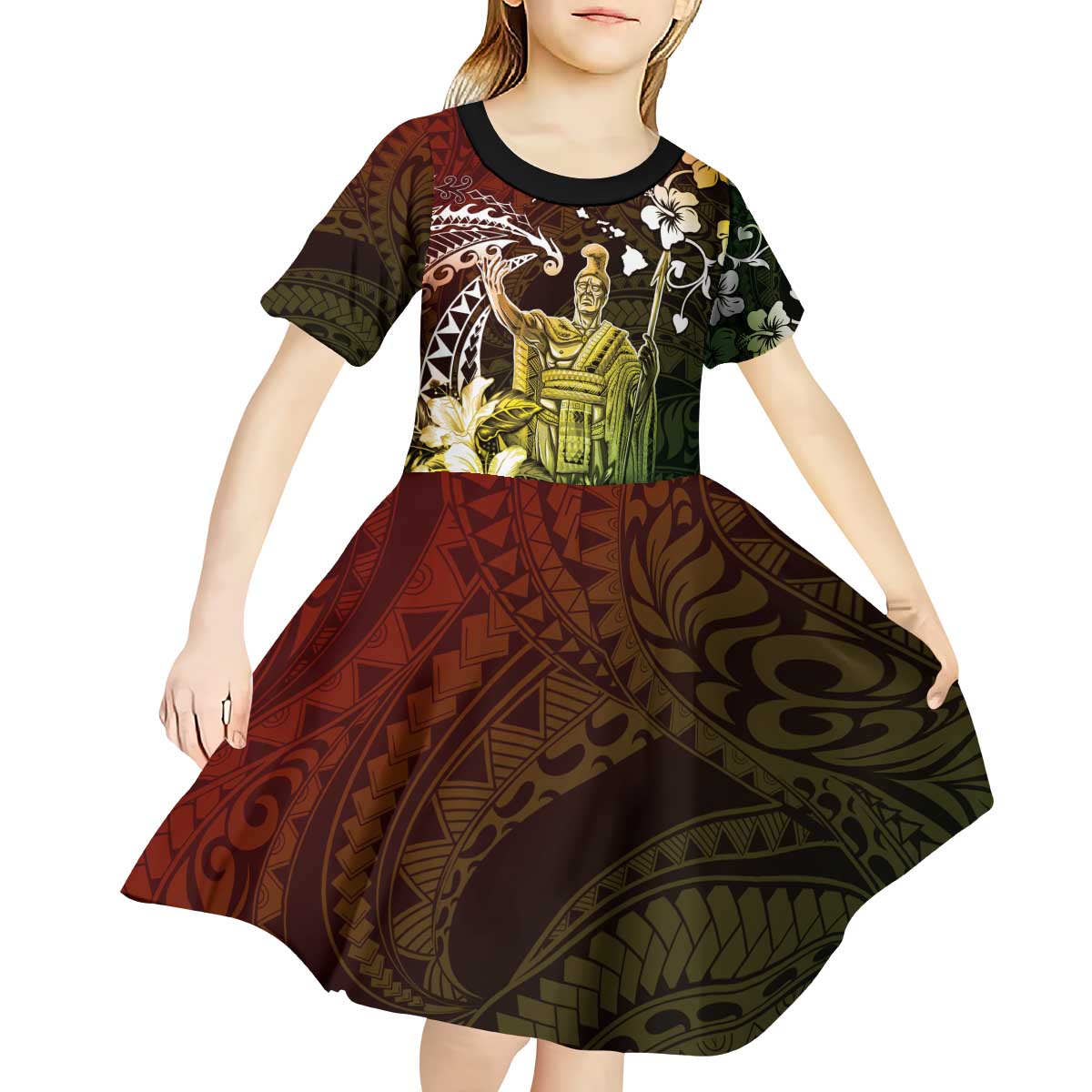 Hawaii King Kamehameha Day Kid Short Sleeve Dress Polynesian Pattern Mix Hibiscus Reggae