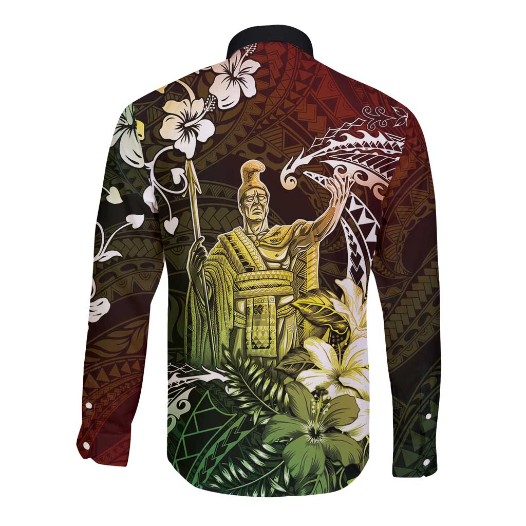 Hawaii King Kamehameha Day Long Sleeve Button Shirt Polynesian Pattern Mix Hibiscus Reggae