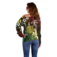Hawaii King Kamehameha Day Off Shoulder Sweater Polynesian Pattern Mix Hibiscus Reggae