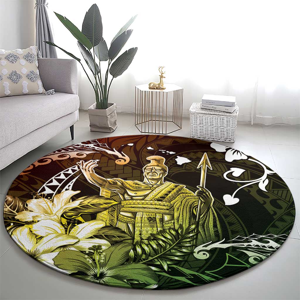 Hawaii King Kamehameha Day Round Carpet Polynesian Pattern Mix Hibiscus Reggae