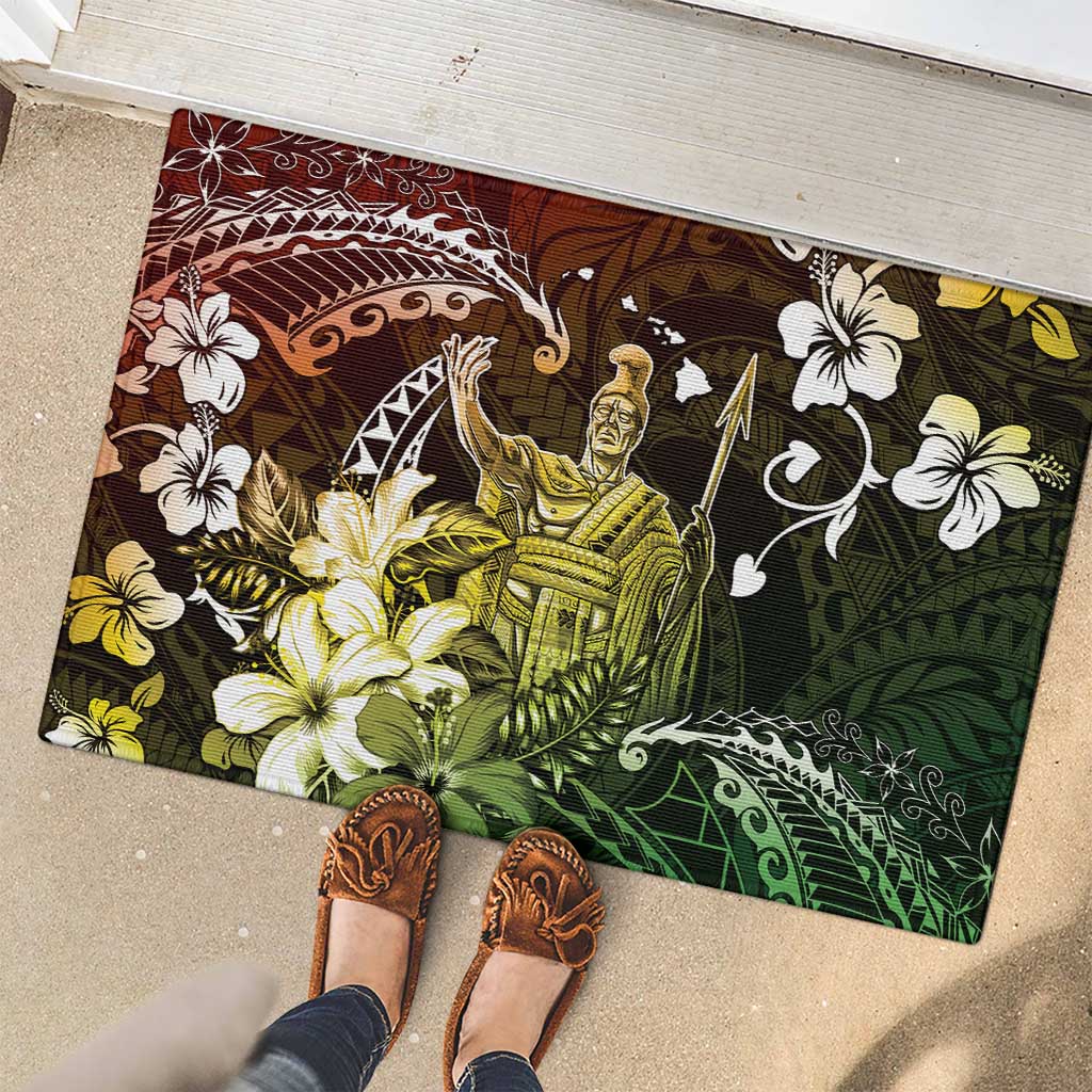 Hawaii King Kamehameha Day Rubber Doormat Polynesian Pattern Mix Hibiscus Reggae