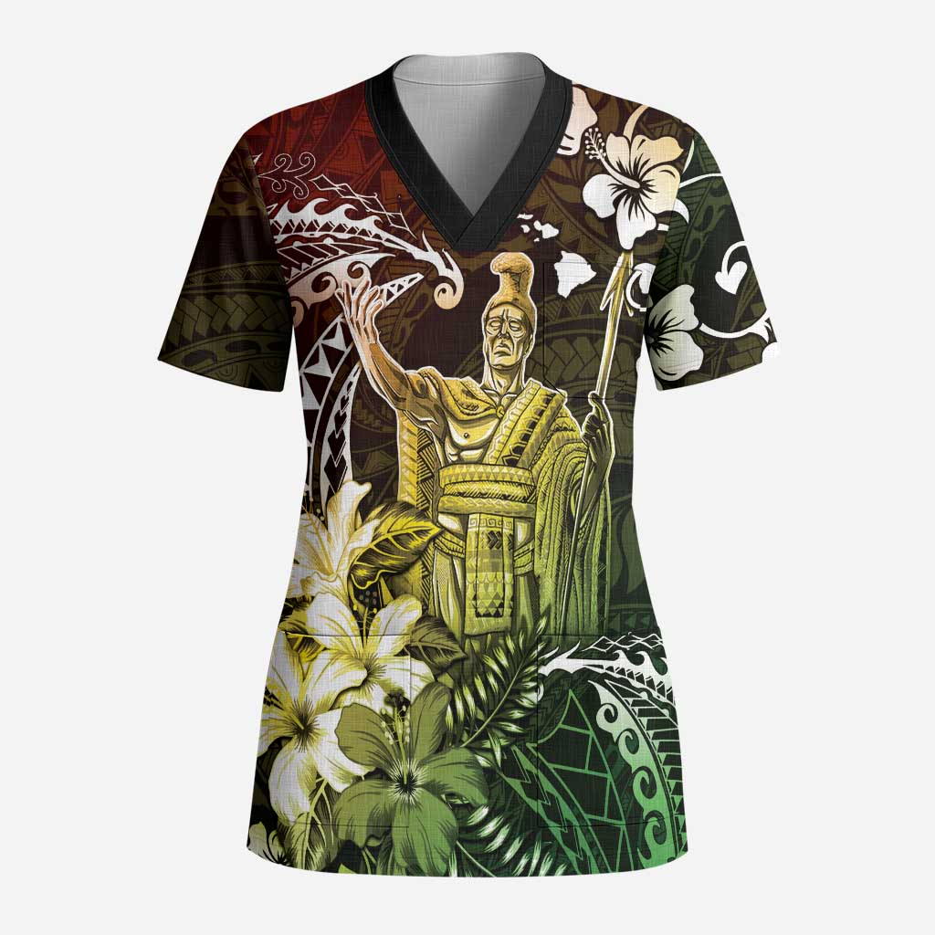 Hawaii King Kamehameha Day Scrub Top Polynesian Pattern Mix Hibiscus Reggae - Polynesian Pride