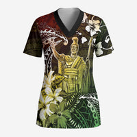 Hawaii King Kamehameha Day Scrub Top Polynesian Pattern Mix Hibiscus Reggae - Polynesian Pride