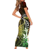 Hawaii King Kamehameha Day Short Sleeve Bodycon Dress Polynesian Pattern Mix Hibiscus Reggae