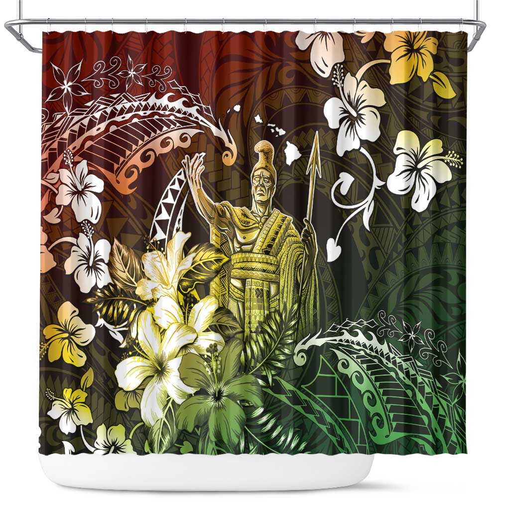 Hawaii King Kamehameha Day Shower Curtain Polynesian Pattern Mix Hibiscus Reggae