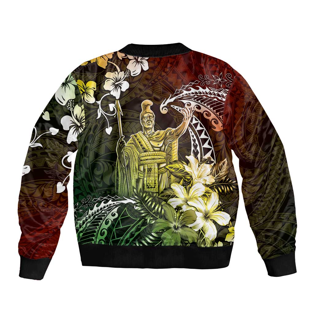 Hawaii King Kamehameha Day Sleeve Zip Bomber Jacket Polynesian Pattern Mix Hibiscus Reggae