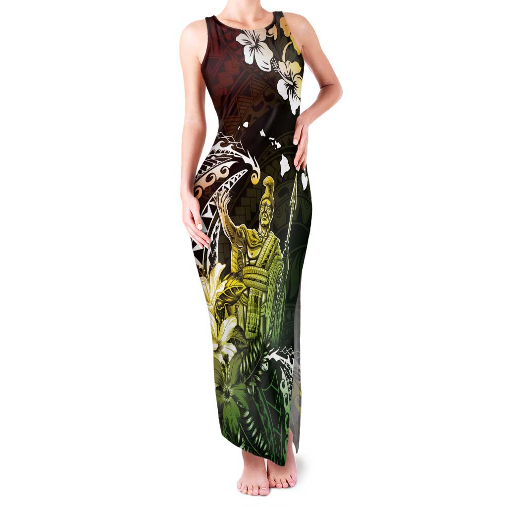 Hawaii King Kamehameha Day Tank Maxi Dress Polynesian Pattern Mix Hibiscus Reggae