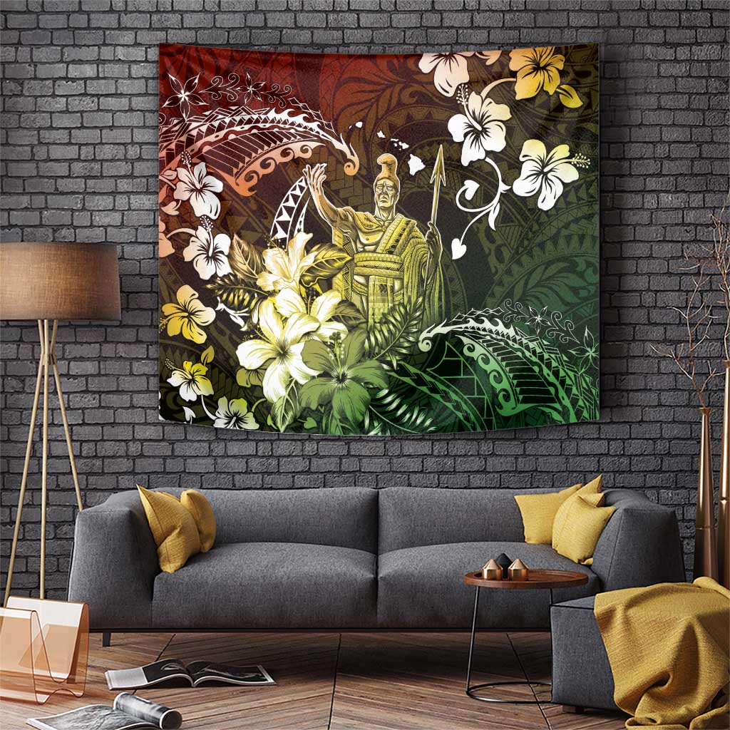 Hawaii King Kamehameha Day Tapestry Polynesian Pattern Mix Hibiscus Reggae