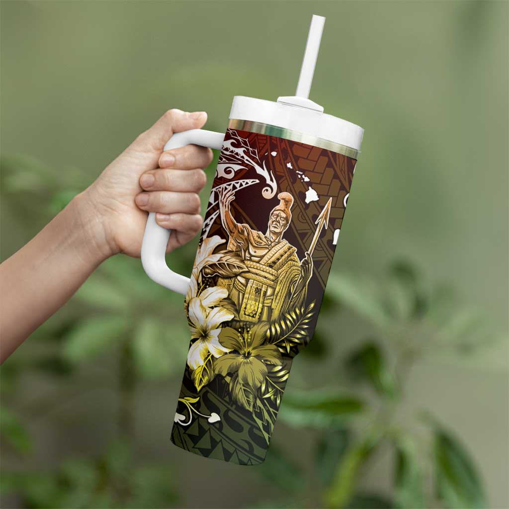 Hawaii King Kamehameha Day Tumbler With Handle Polynesian Pattern Mix Hibiscus Reggae