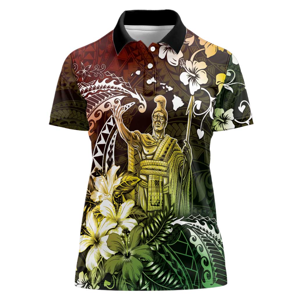 Hawaii King Kamehameha Day Women Polo Shirt Polynesian Pattern Mix Hibiscus Reggae