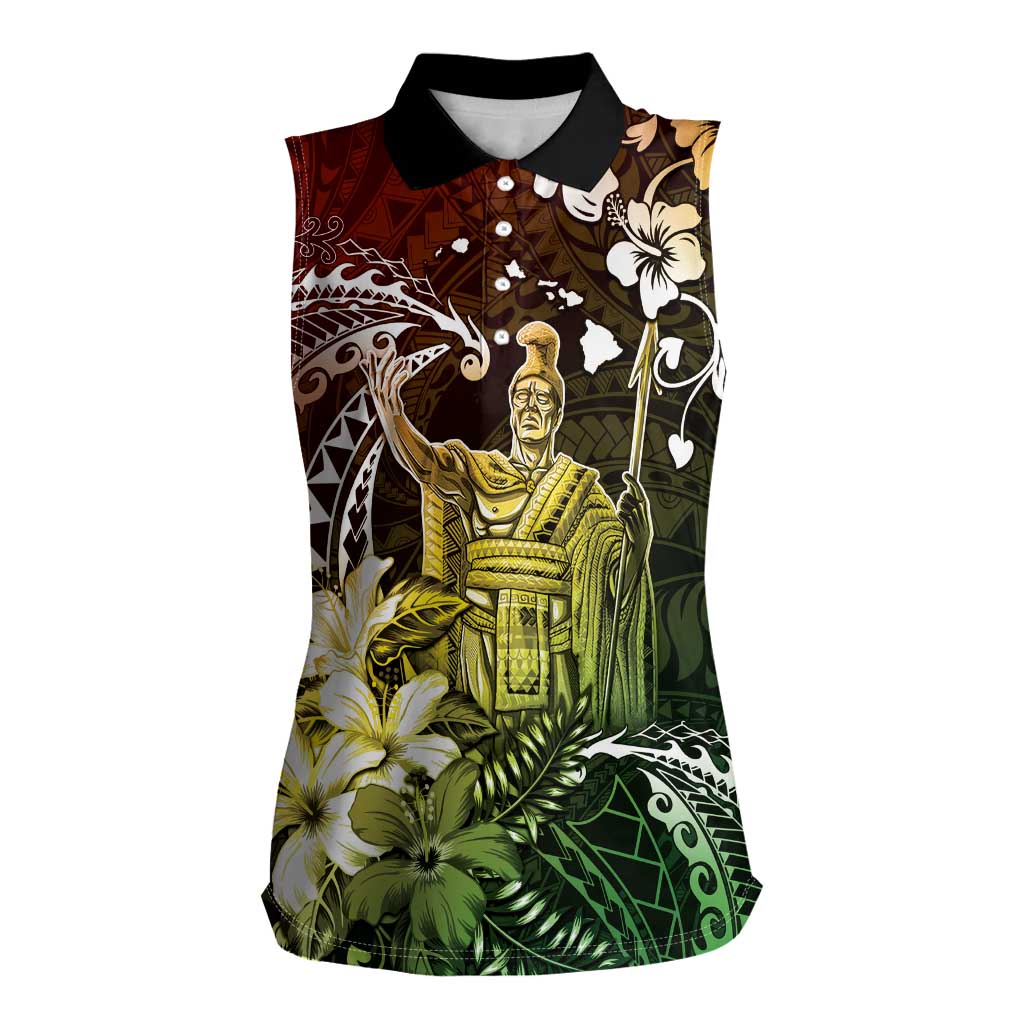 Hawaii King Kamehameha Day Women Sleeveless Polo Shirt Polynesian Pattern Mix Hibiscus Reggae